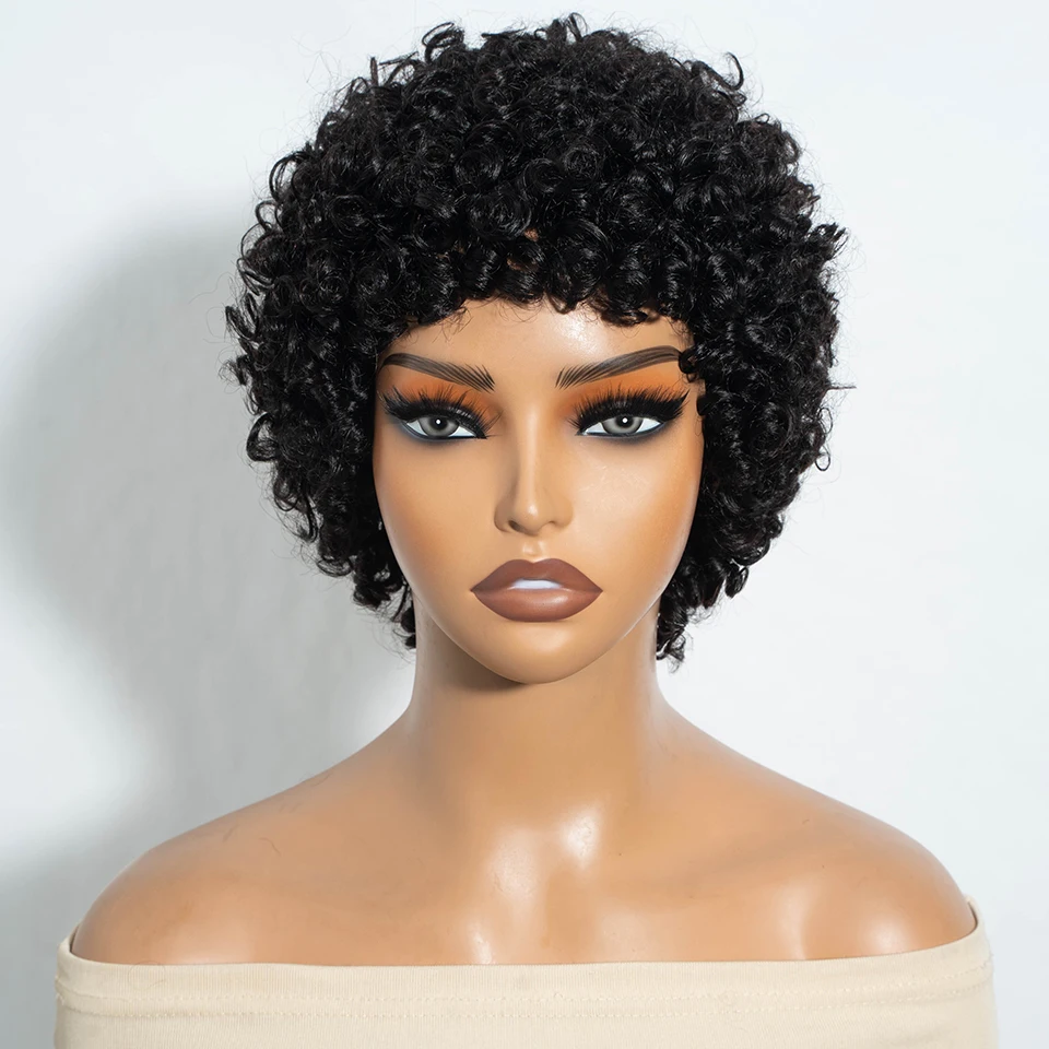 

Brazilian Remy Human Hair Full Machine Made Wigs Short Afro Curly Wigs For Women Afro Kinky Curly Wigs with Bangs 180% Density