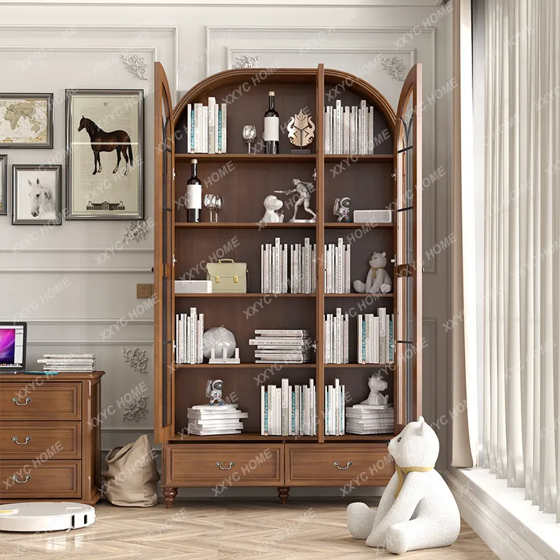 

Solid wood arched walnut finish three-door bookcase with glass doors, dustproof bookcase, customizable wine cabinet, storage cab