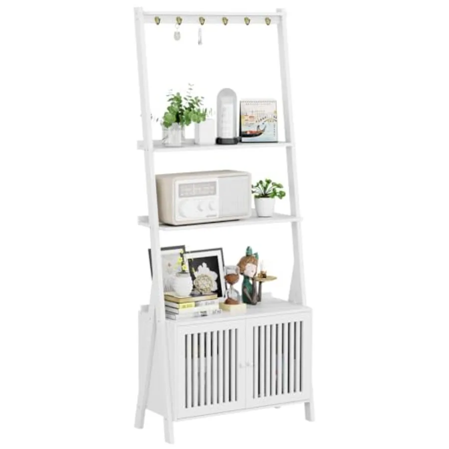 

Bookcase with Drawers 4-Tier Bamboo Bookshelf Ladder Shelf with 6 Hooks 59.5"H x 24.8"L x 10.6"W Tall Narrow Freestanding Stand