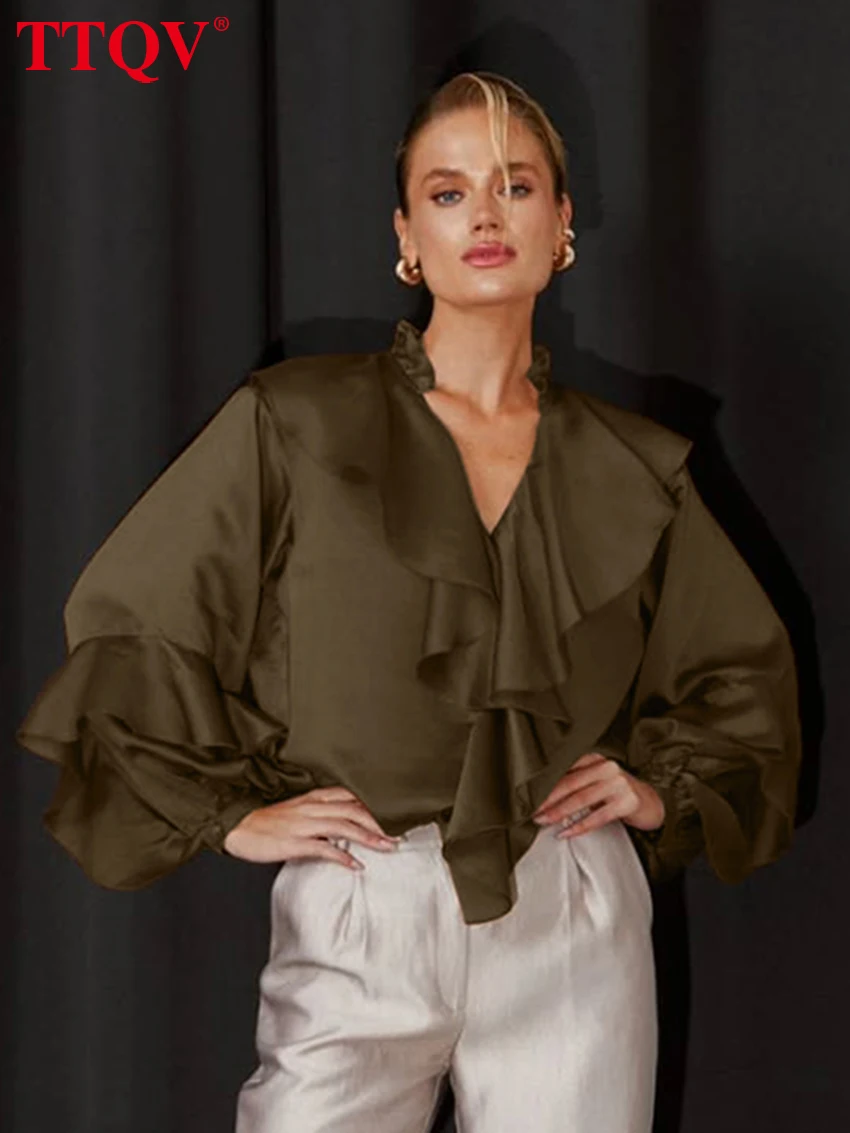 

TTQV Fashion Loose Brown Women's Shirt Casual V-Neck Long Sleeve Blouse Elegant Classic Ruffles Top Female Clothing Streetwear