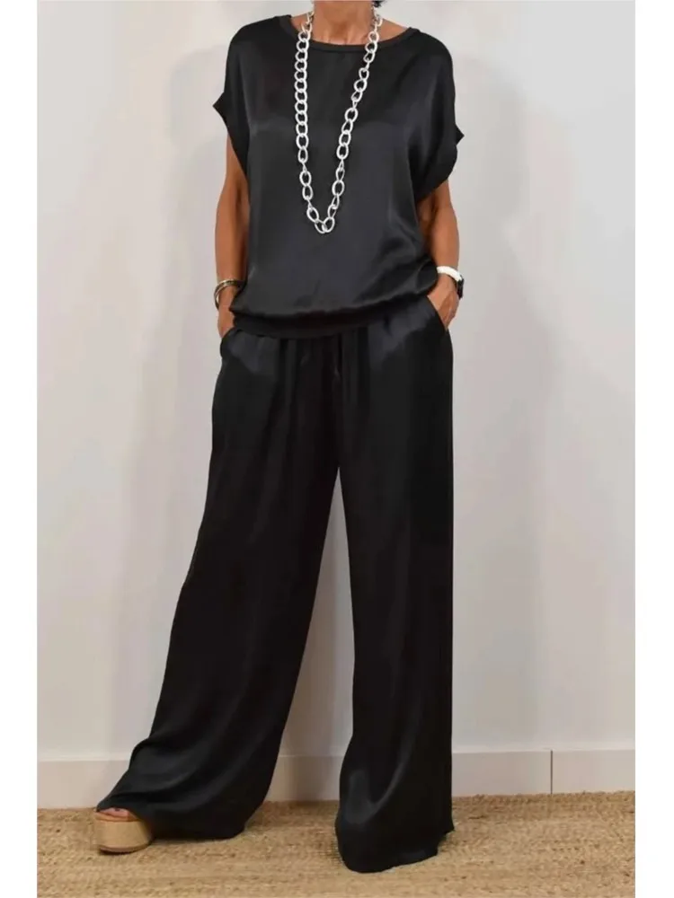Spring Summer Fashion Solid Smooth Satin Two Piece Sets New Women's O-neck Short Sleeve Top + Wide Leg Pant Casual Loose Set image 4