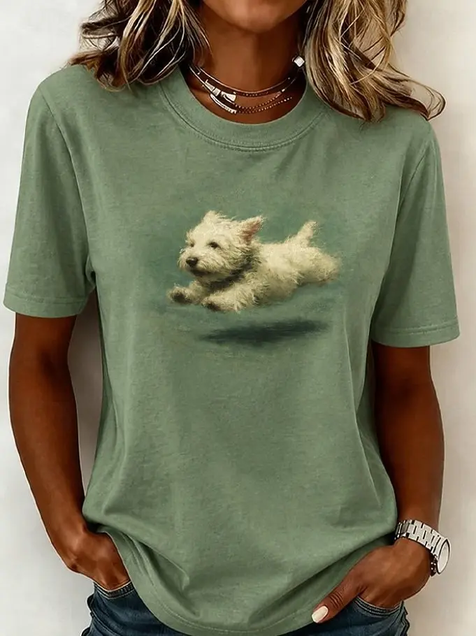 Women's Spring Summer 3D Printed Crew Neck Tee, Olive Green Oil Painting Running Westie Puppy Soft Daily Top