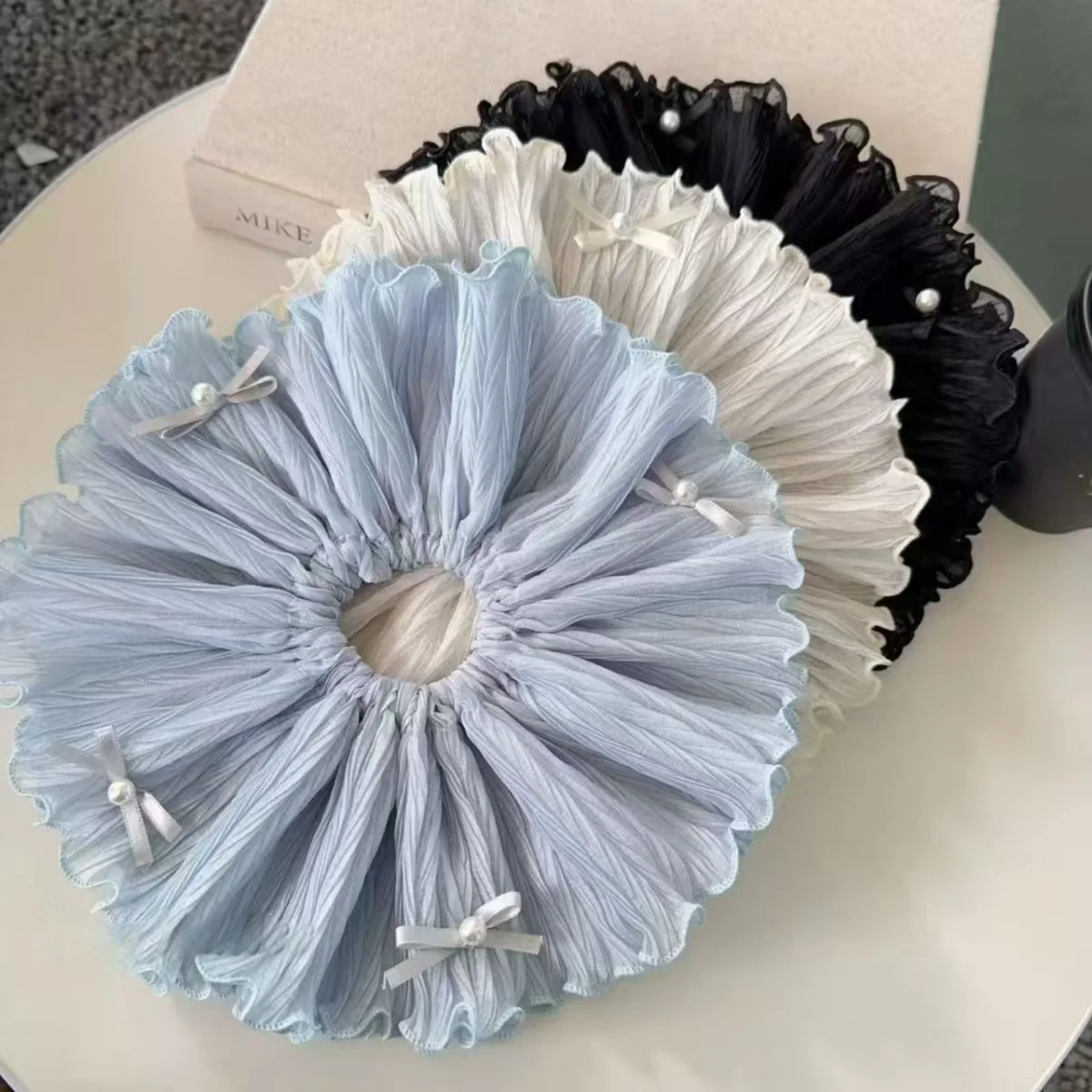 

1PC Ruffled Satin Shower Caps with Pearl Bows, Multi - Color Set (Blue, White, Black), Elegant Hair Care Accessories for Women