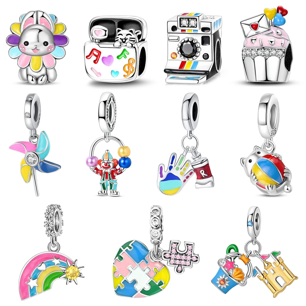 

925 Sterling Silver Envelope Cake Beads & Cat Hug Ball Dangle Charm Fits Bracelet Exquisite Necklace Colorful Pendant Gifts