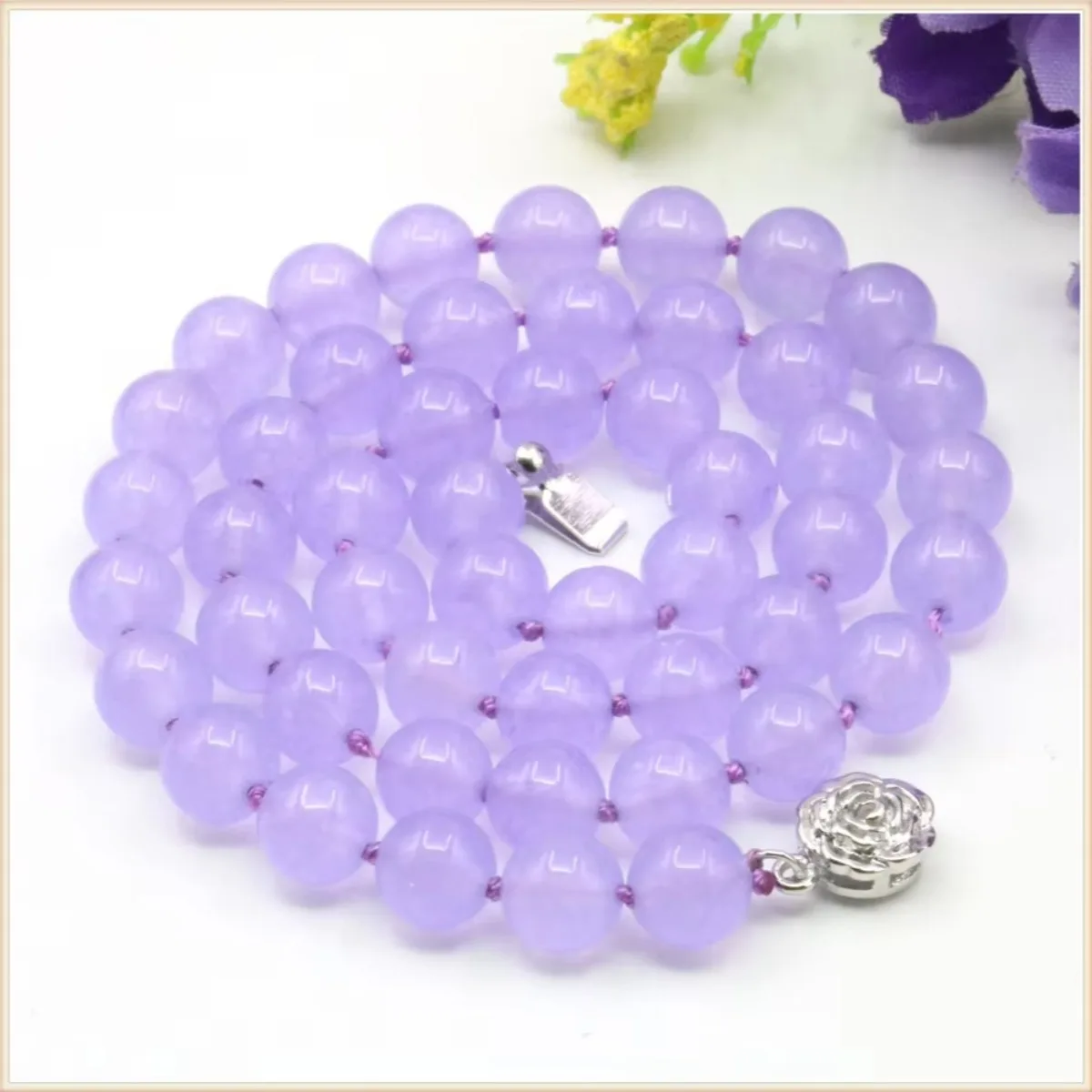 8mm Round Violet Jade Chalcedony Necklace Natural Stone Rose Clasp Accessory Neckwear Hand Made Women Jewelry Making Design