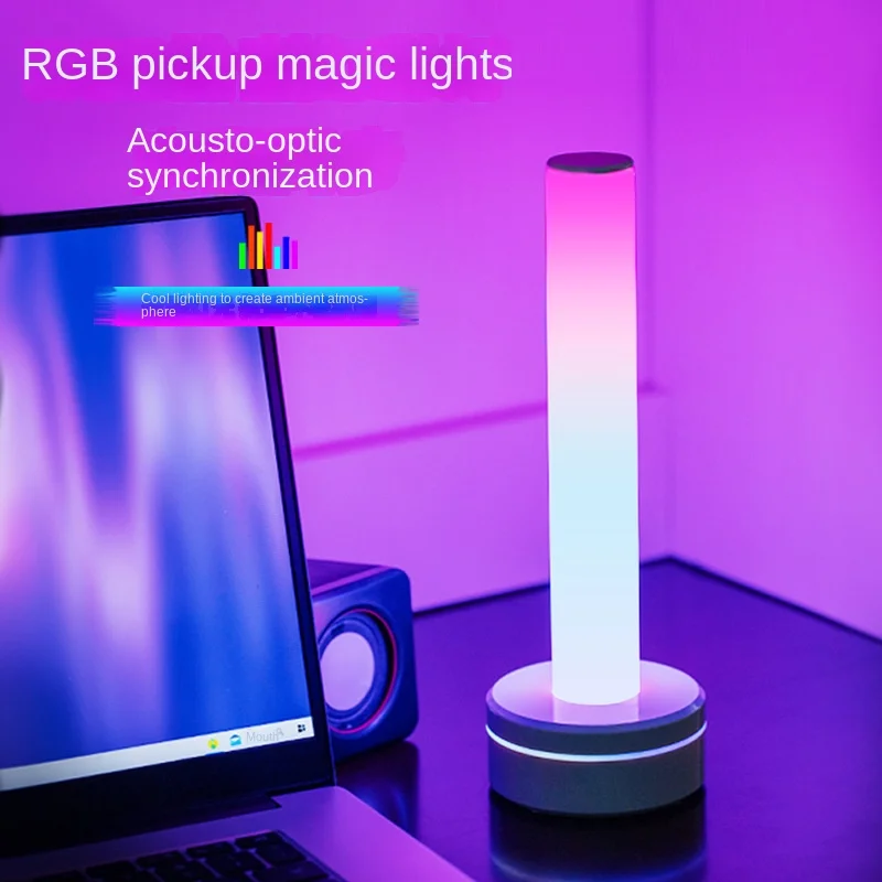 Luz de captação, luz ambiente eletrônica controlada por voz de mesa, música de fundo colorida, luz noturna USB controlada por voz