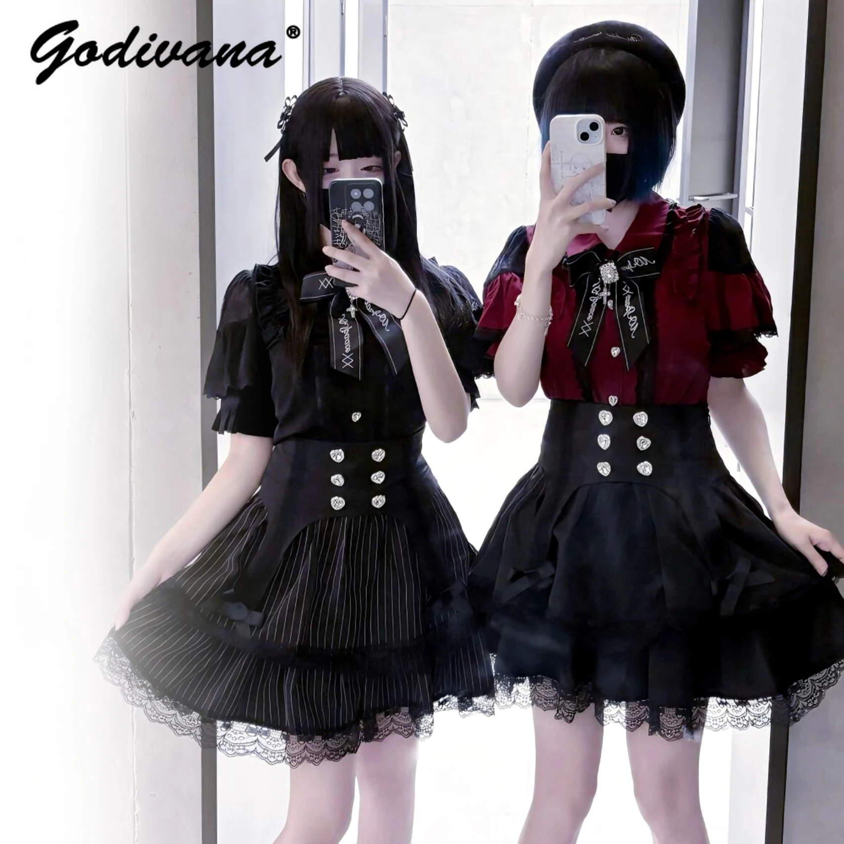 

Japanese Mine Series Mass-produced Lace Color Matching Short-sleeved Shirt Lolita Sweet Women's Blouse Summer Cute Blusas