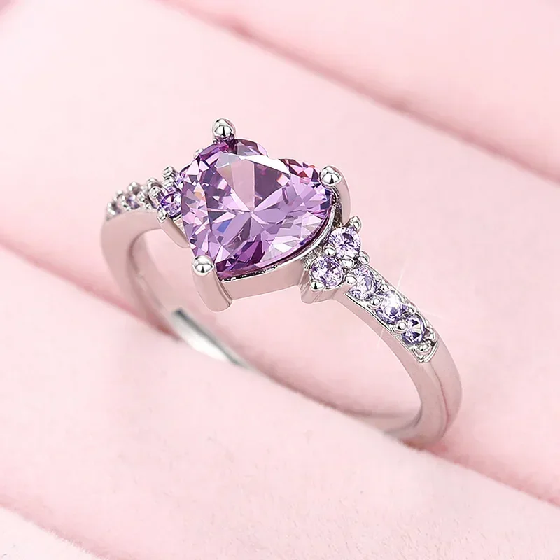 Charming Heart Purple Cubic Zirconia Rings for Women Romantic Wedding Ceremony Party Bridal Accessory New Trendy Jewelry