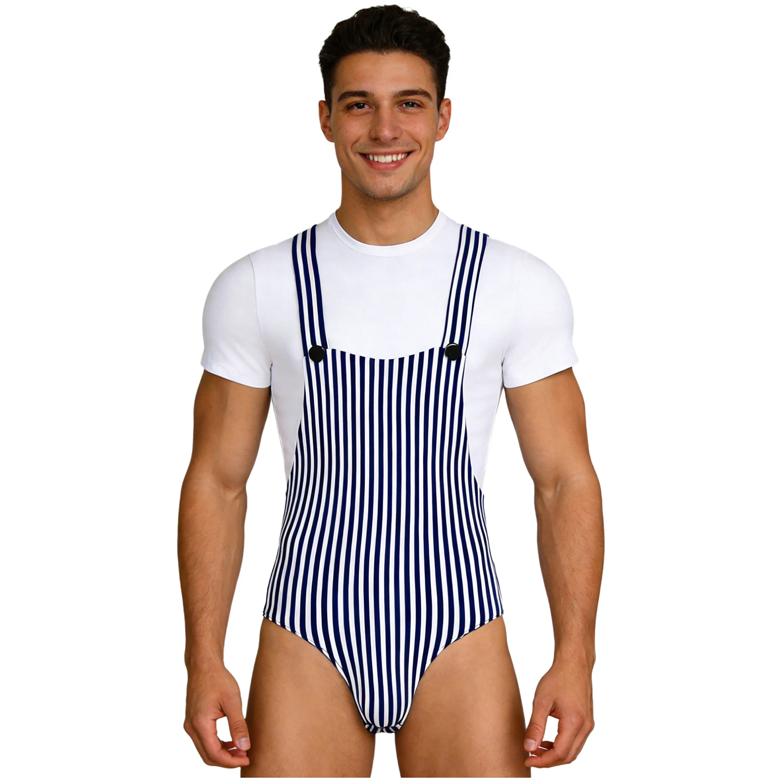 

Men Style Striped Bodysuit Jumpsuit Short Sleeve Buttoned Crotch Leotard Fake 2-piece Homewear Sleepwear for Evening Casual Wear