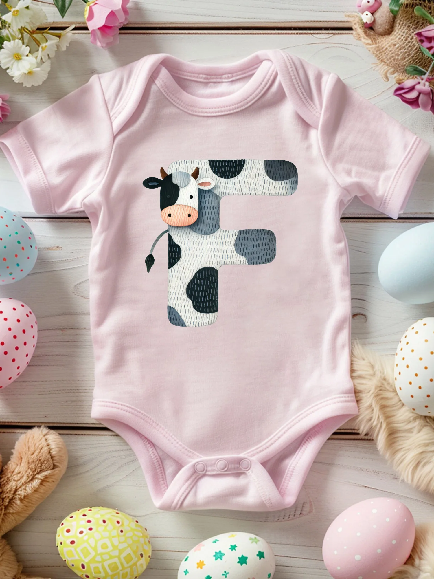 

Cute Cow Font F Unisex Baby Crawling Suit, 100% Cotton Soft Onesie, All-Season Wear Pink Bodysuit 190GSM