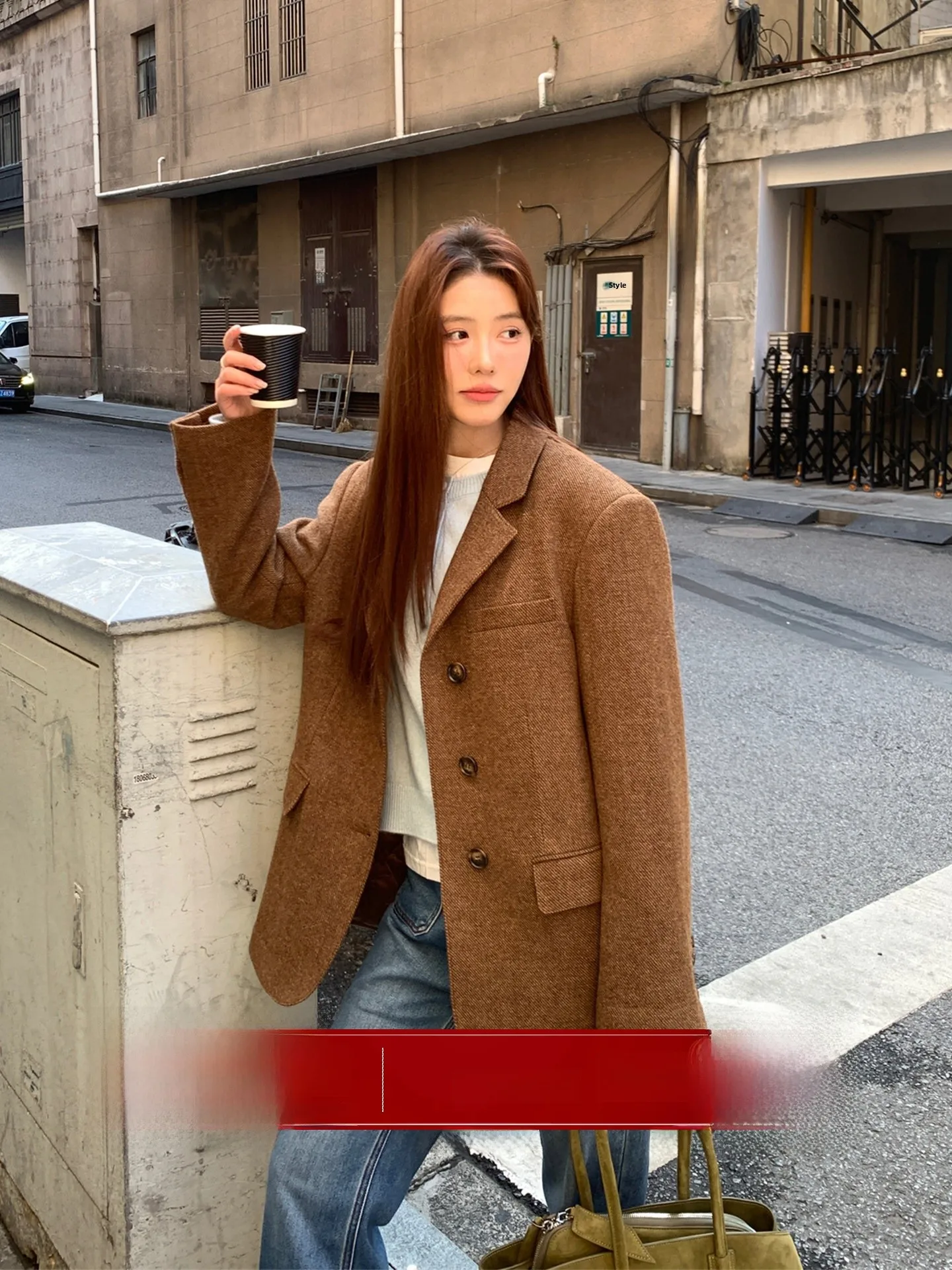 

Retro Sle Full Woolen Tweed Suit Jaet Women's Commute oulder Pad Cotton West Coat Long Sve Casual Faion