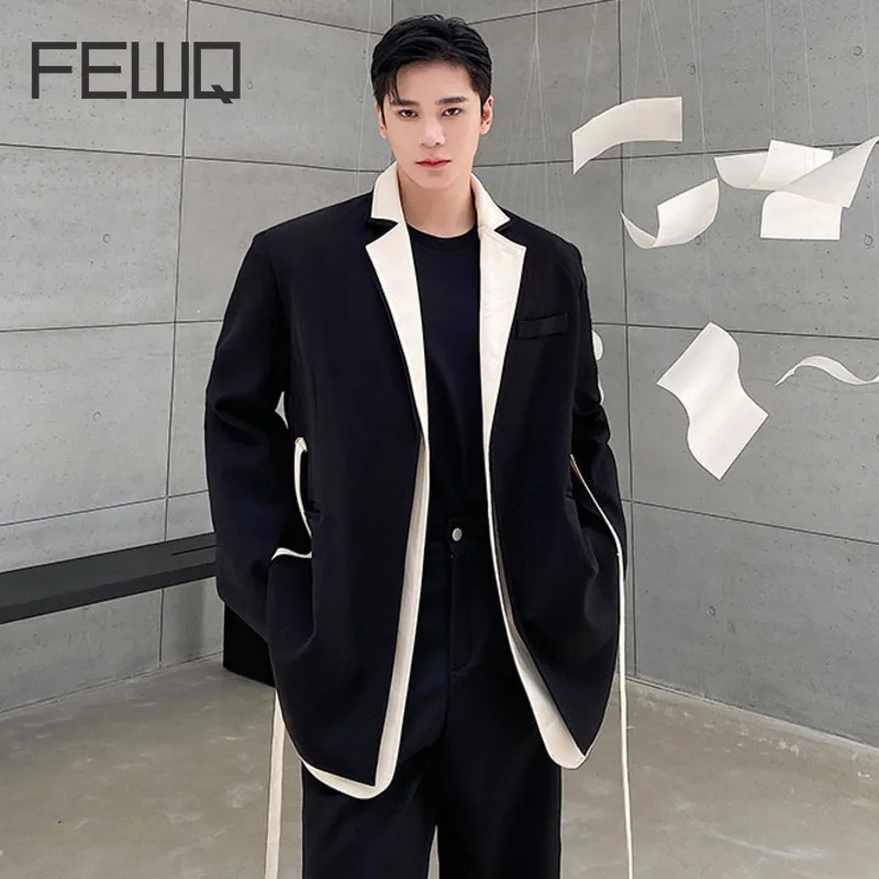 FEWQ Men\'s Black Fake Two Pieces Big Size Blazer New Lapel Long Sleeve Jacket Fashion Tide Spring Autumn 2023 24D6307