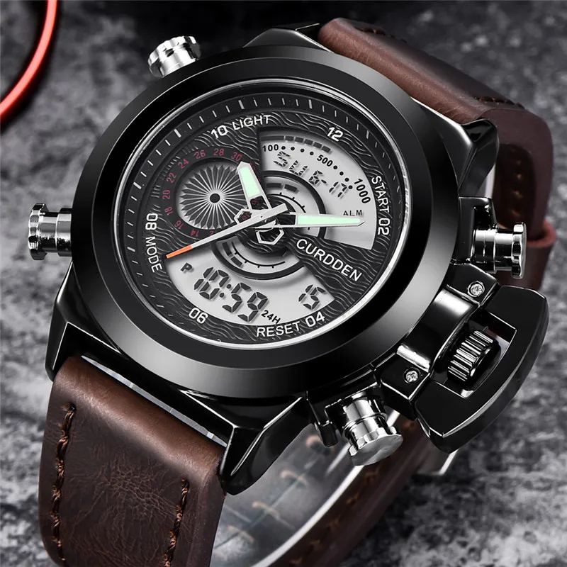 Men Original CURDDEN Brand Dual Time Watches Fashion Leather Band Chronograph Military Multi-function Sports Watch Reloj Hombre