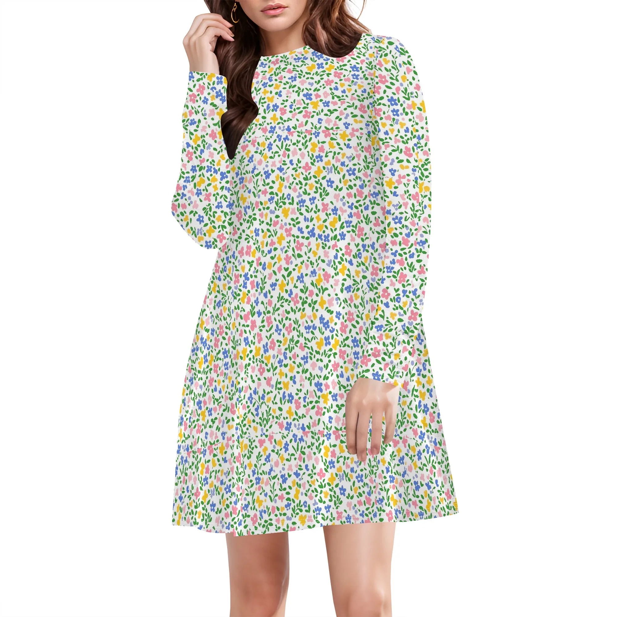 

Women’s Casual Plus Size Mini Dress Fall Fashion Long Sleeve Loose Fit Dress with Crew Neck