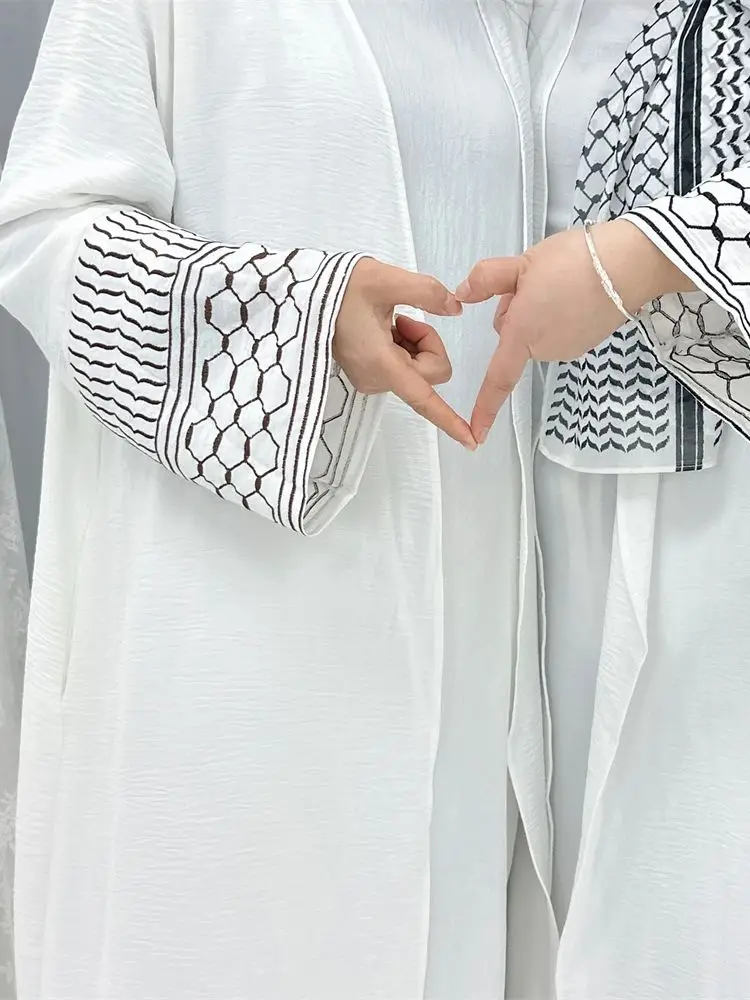 Ramadan Eid biała muzułmańskie Kimono Abaya Damen Dubai indyk Islam Abayas dla kobiet skromna sukienka Kebaya szata Femme Musulmane Kaftan