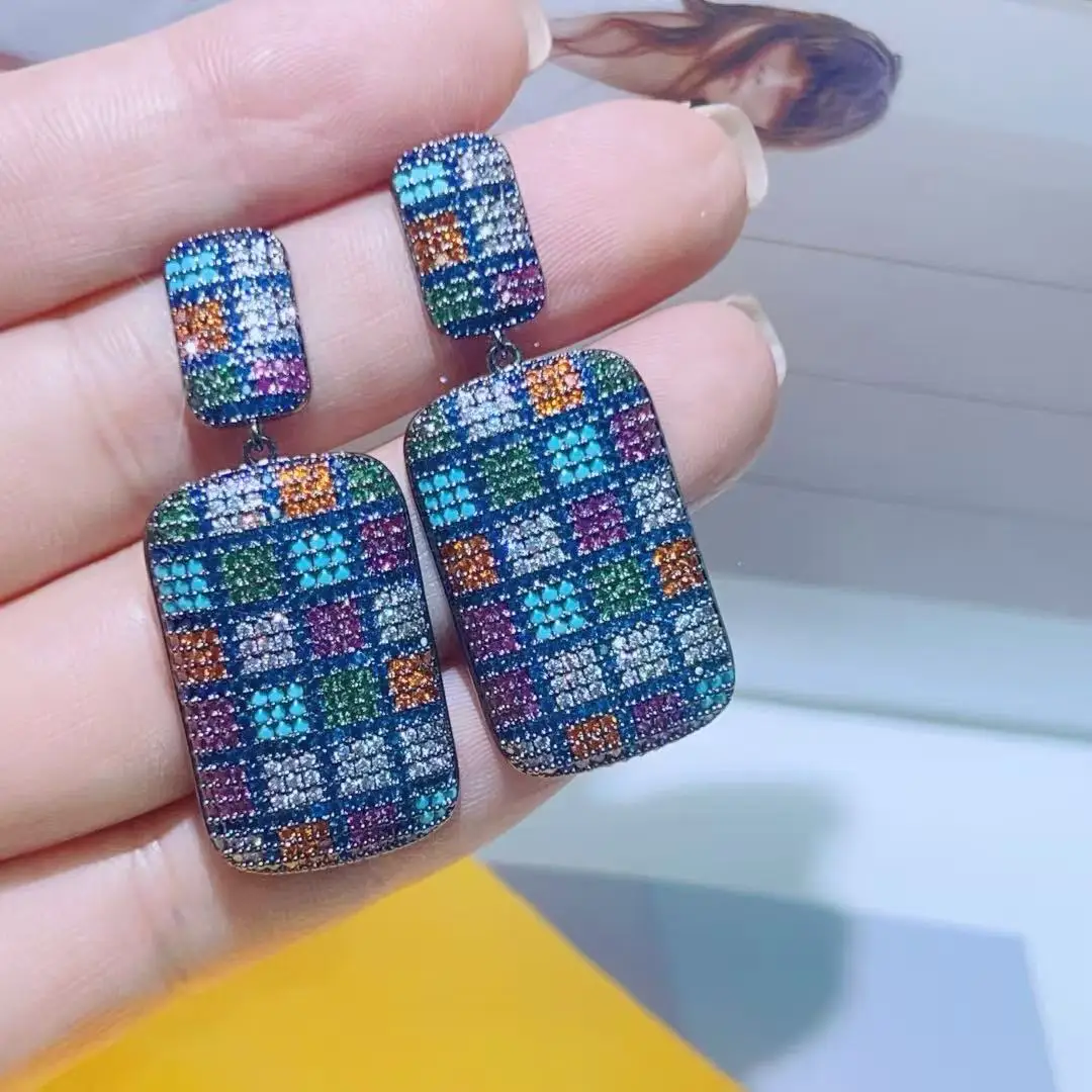 1 Pair Multicolored Crystal Checkerboard Drop Earrings for Avant-Garde Party Fashion Women's Jewelry Gift for Birthday
