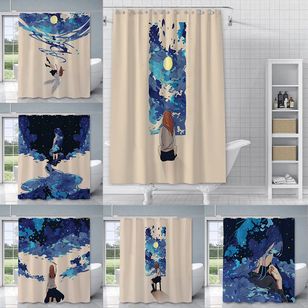 

Girl and Blue Shower Curtain Waterproof Polyester Fabric Paint Colorful Bath Curtains Home Bathroom Decor Curtain With Hook