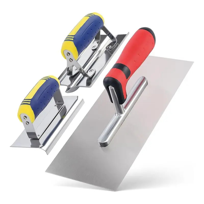 A20F-3 Pack Sainless Steel Concrete Tools Set, Flat Finishing Trowel Concrete Hand Edger And Groover With Soft Grip