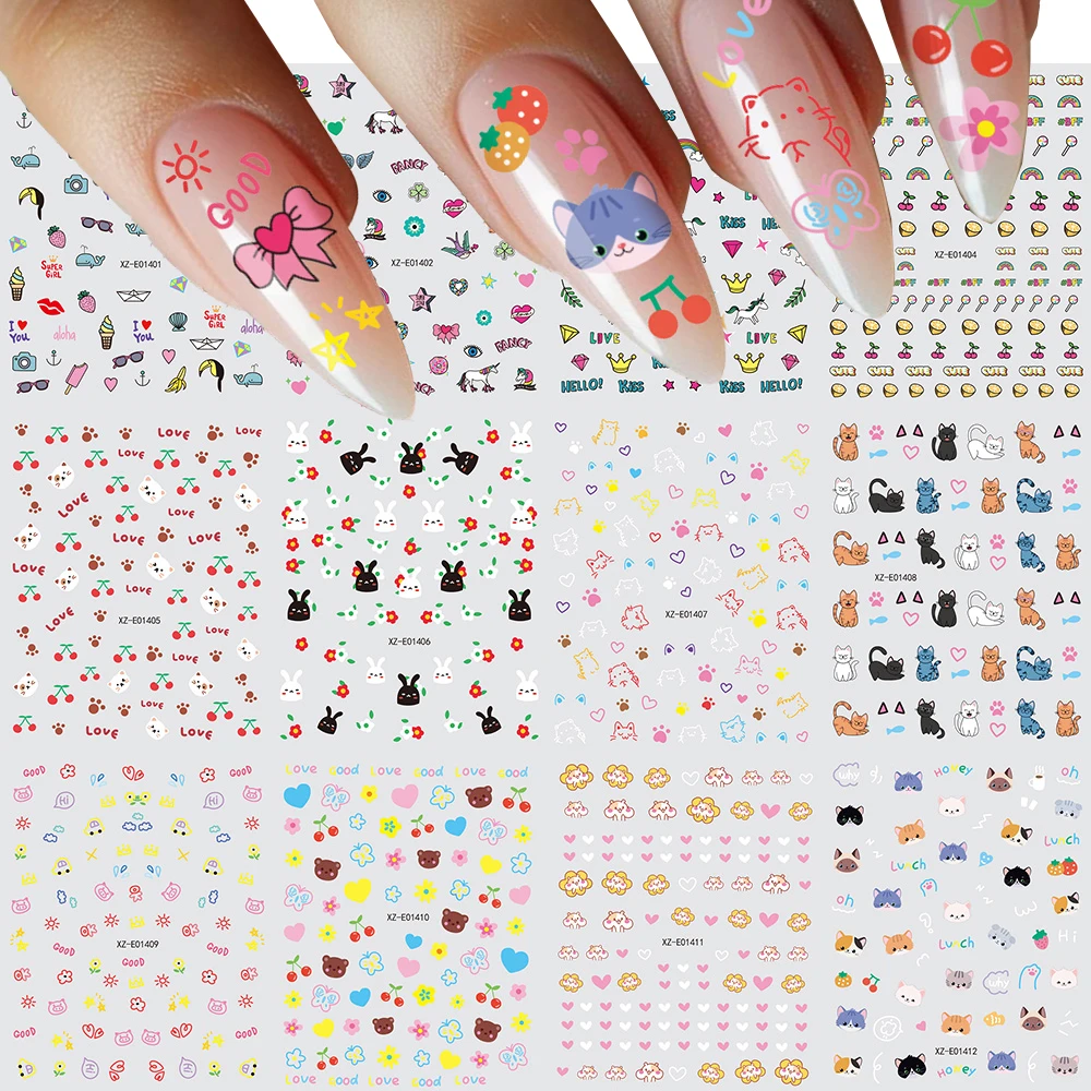 

12Pcs Kawaii Cat Bow Cherry Nail Stickers Cartoon Graffiti Self-Adhesive Nail Slider Decoration Colorful Nail Art Decals Sticker