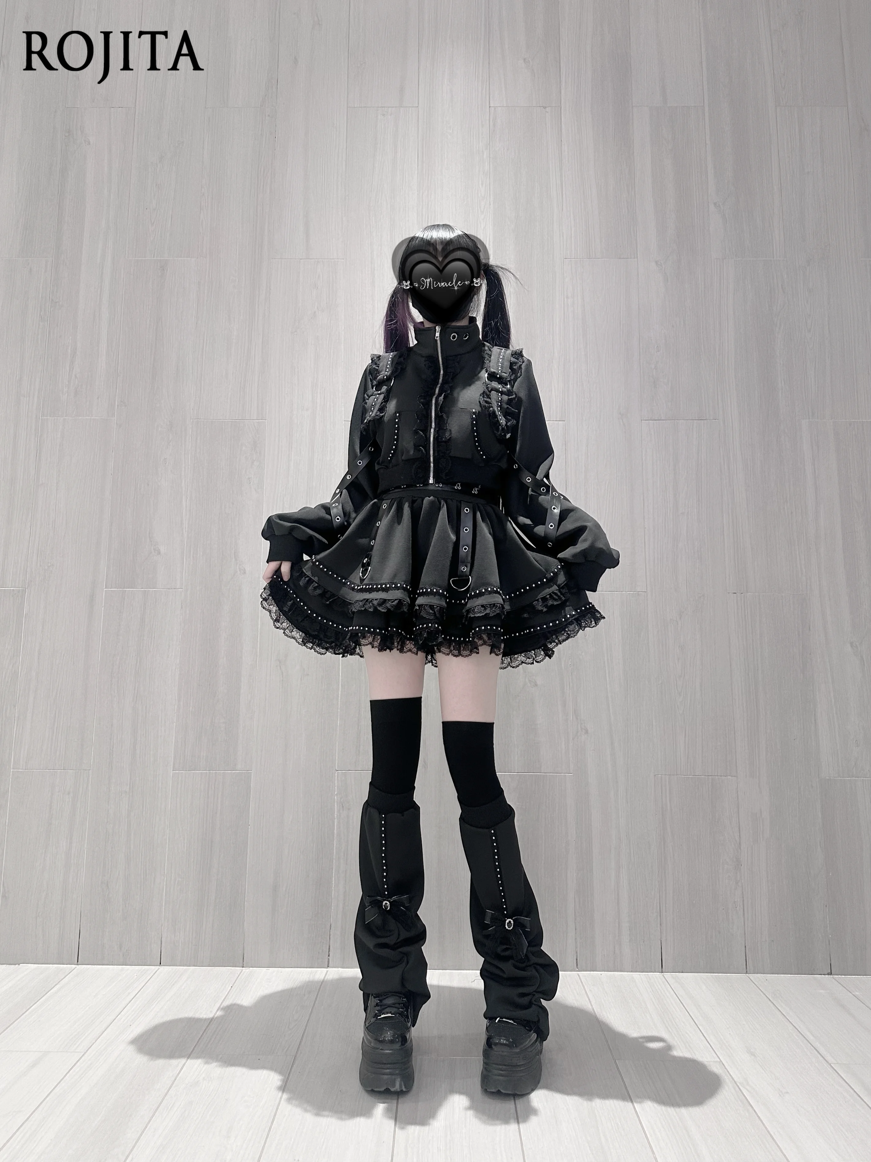 Gothic Punk 2 Piece Outfit Women Cropped Zip Jacket High Waist Ruffle Mini Skirt Set Rivet PU Strap Alt Harajuku Dark Sweet Suit