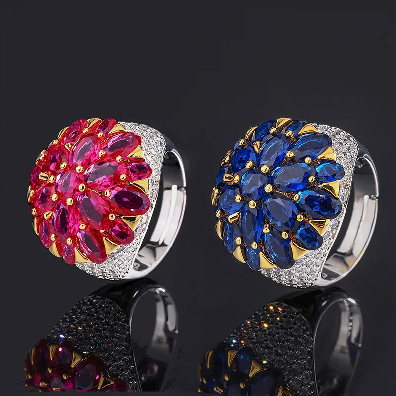 

Women Fine Jewelry Flower Design Micro Paving Red Ruby Blue Sapphire Cubic Zircon Adjustable Big Finger Ring