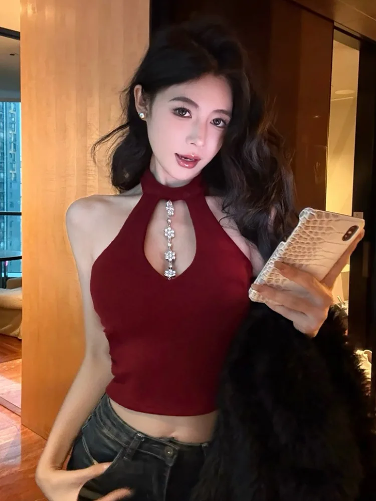 

Heavy-Detail Diamond-Encrusted Vest Women's Fashion Slim Fit Sleeveless Top Trendy Autumn Winter New Style Neck Han...