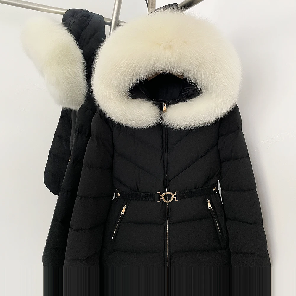 Abrigo de plumón de pato blanco para mujer, chaqueta ajustada con capucha con cuello de piel de zorro Real, Top de invierno para mujer, abrigo de piel de mapache grueso y cálido