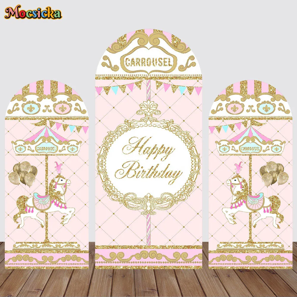 

Pink Carousel Princess Birthday Party Arch Backdrops Double-Sided Fitted Top Covers Decor Girl Baby Shower Background Photocall