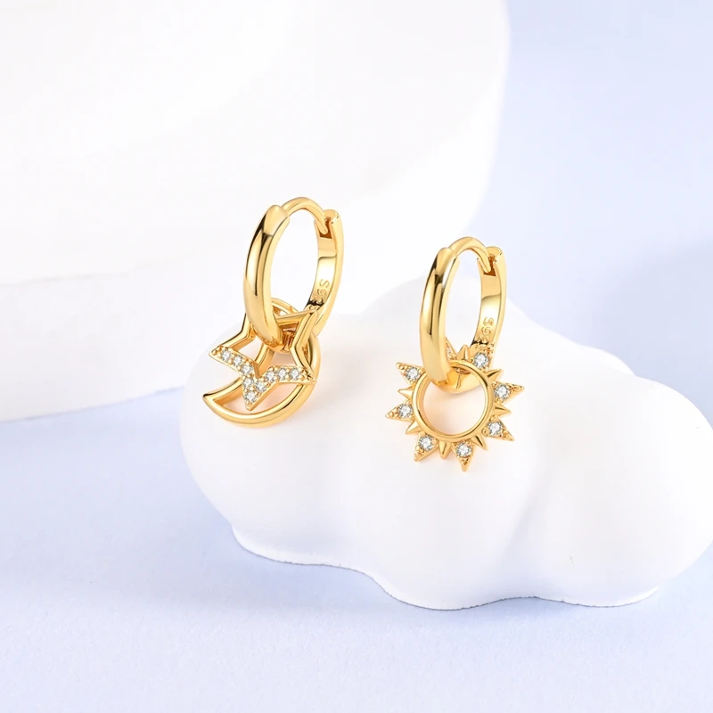 925 Sterling Silver Earrings Women Gold Plated Asymmetrical Sun Stars Moon  Drop Earring For Anniversary Wedding Jewelry Gifts