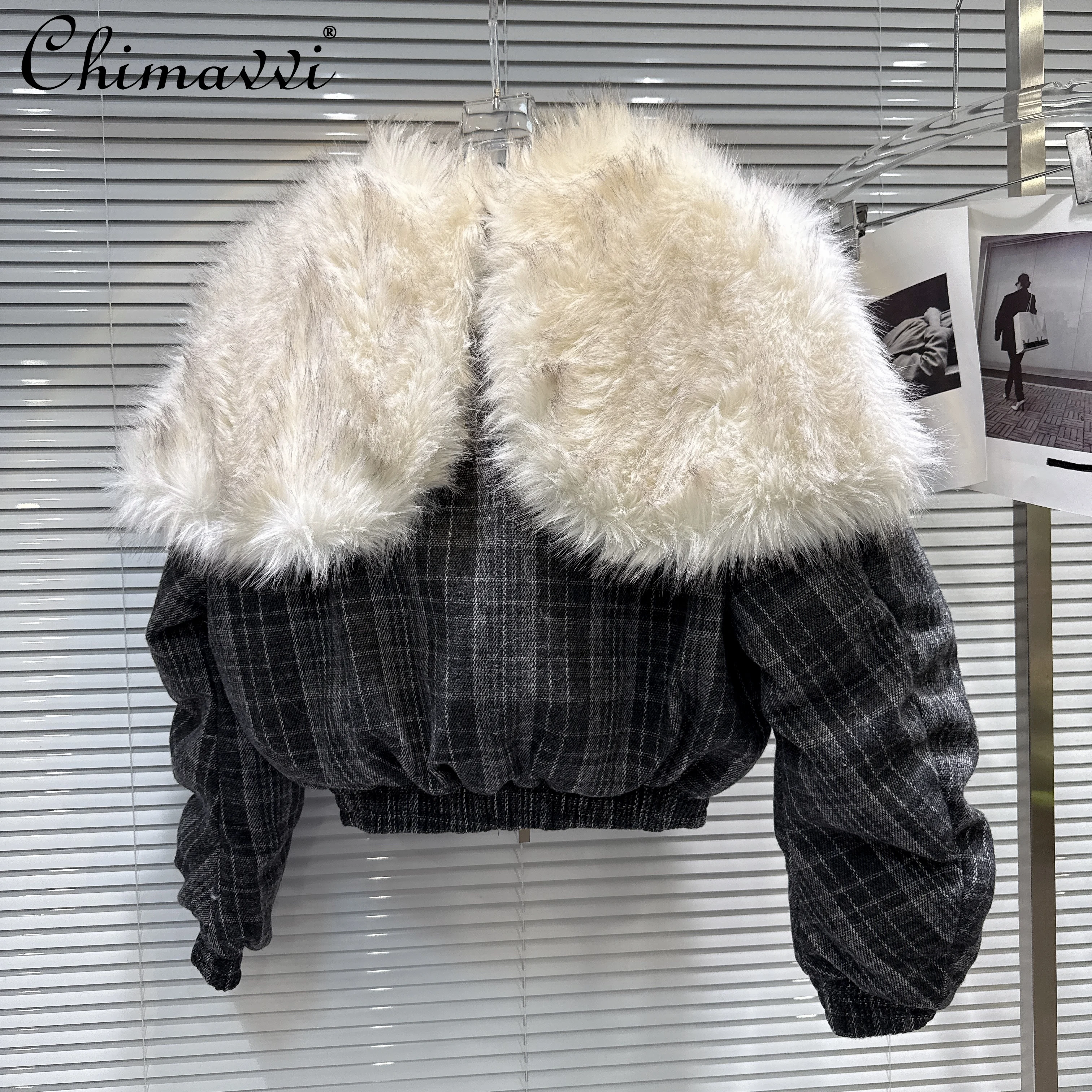 

Корейский стиль, модная крутая универсальная повседневная куртка-пуховик с пушистым воротником на молнии, клетчатые толстые теплые хлопковые парки, женские зимние пальто