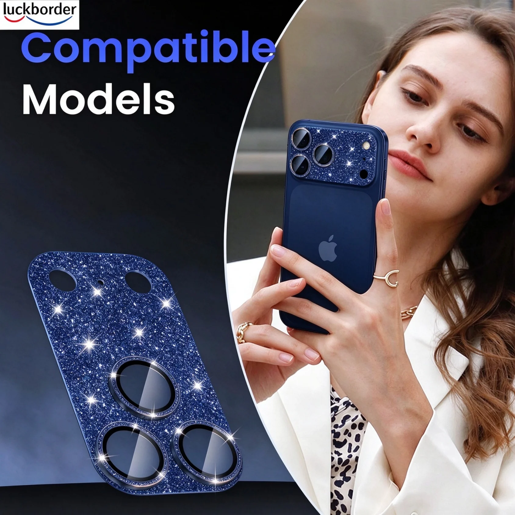 For iPhone 18 17 Pro Max Glitter Camera Lens Protector[Case-Friendly] Metal Tempered Glass Rear Camera Screen Cover-Deep Blue