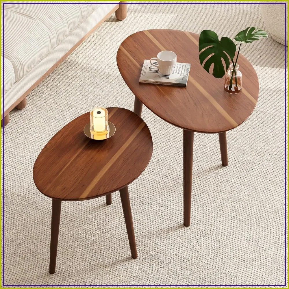 

Small Oval Coffee Tables Set, Acacia Wood Nesting Tables for Living Room Small Spaces Office, Easy Assembly Minimalist Walnut Mid Century Modern