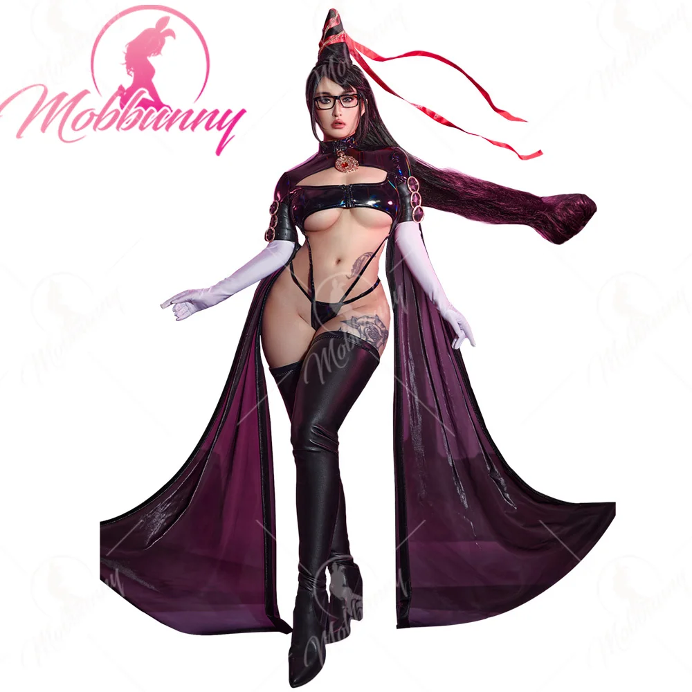 

Mobbunny Women Sexy Lingerie Set Game Witches Derivative Cosplay Costume Hollowed Bodysuit and Gloves with Thigh Socks