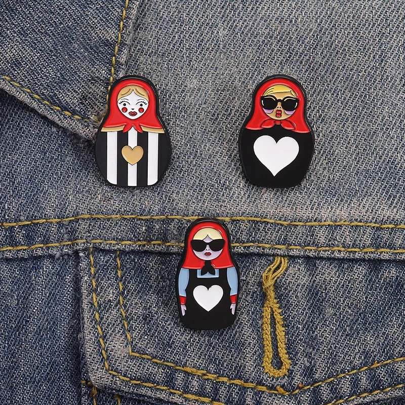Cute Cartoon Russian Nesting Doll Metal Badge Brooch Sunglasses Doll Traditional Clothing Chest Badge Pins for Backpacks Pines
