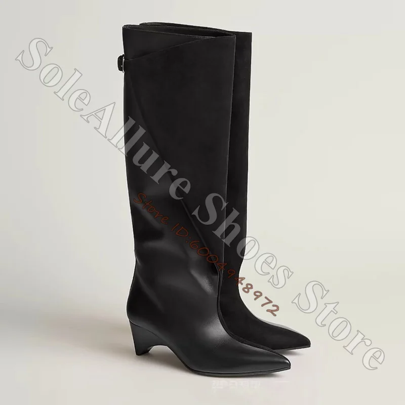 Black Leather Knee High Boots Pointed Toe Cone Low Heel Leather Slant Cut Top Minimalist Commuter Fashion Ladies Boots