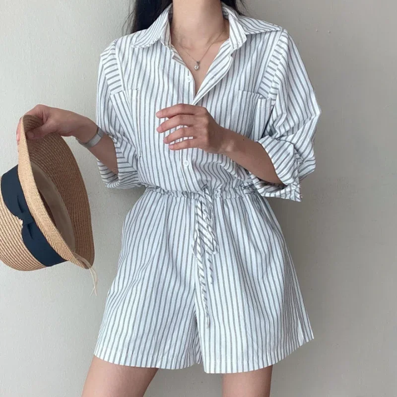 

REALEFT 2025 Spring Summer New Vintage Striped Women's Jumpsuit Casual Loose Buttons Pockets Lace-up Rompers for Women