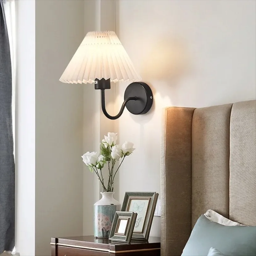 Nordic Retro Wall Lamp Umbrella Style Pleated Creative Decorative Light Bedroom Living Room Bedside Corridor Indoor Home Light