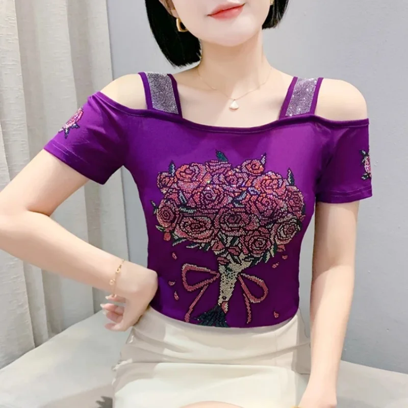 High Quality Shiny Hot Diamonds Women's T-Shirts Chic Sexy Off Shoulder Tees Summer Short Sleeve Femme Slim Mesh Tops Tees