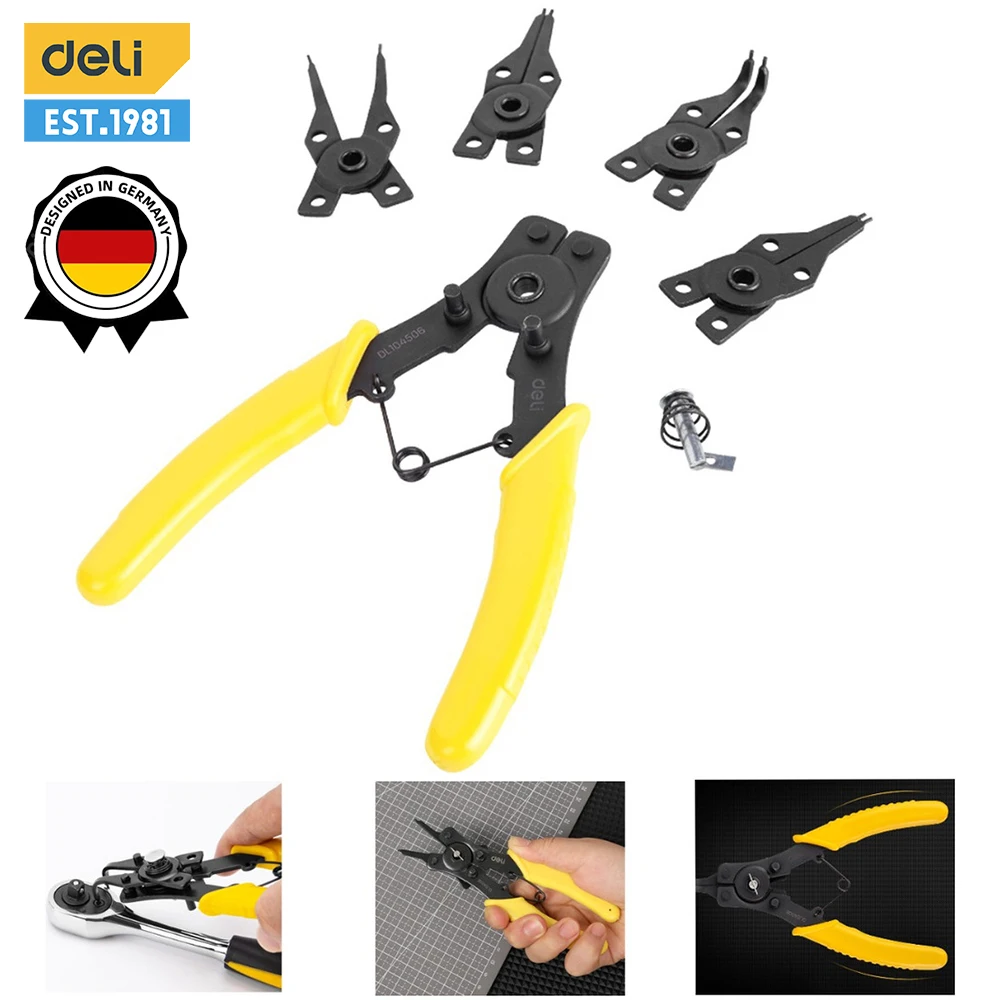 Deli 5 in 1 Circlip Pliers Set Snap Ring Pliers Nozzle Pliers Multi Crimping Tools Removable Plier Head Retaining Snapling Flyer