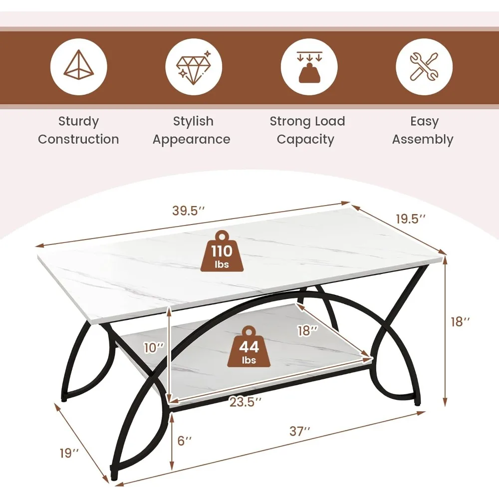 2-Tier Rectangular Coffee Table, Faux Marble Table with Open Storage Shelf, Black Finished Metal Frame, Modern Center Ta