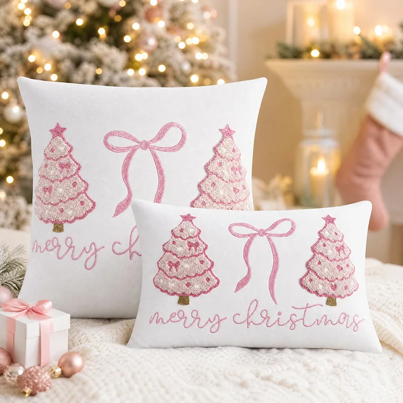Pink Christmas Tree Bow Embroidered Pillow Cover – Nordic Festive Sofa Cushion Case, No Insert Included