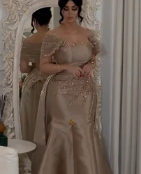 Champagne Mermaid Prom Dresses Long for Arabic Women 2025 Square Neckline Beading Crystal Satin Formal Evening Gowns Customized