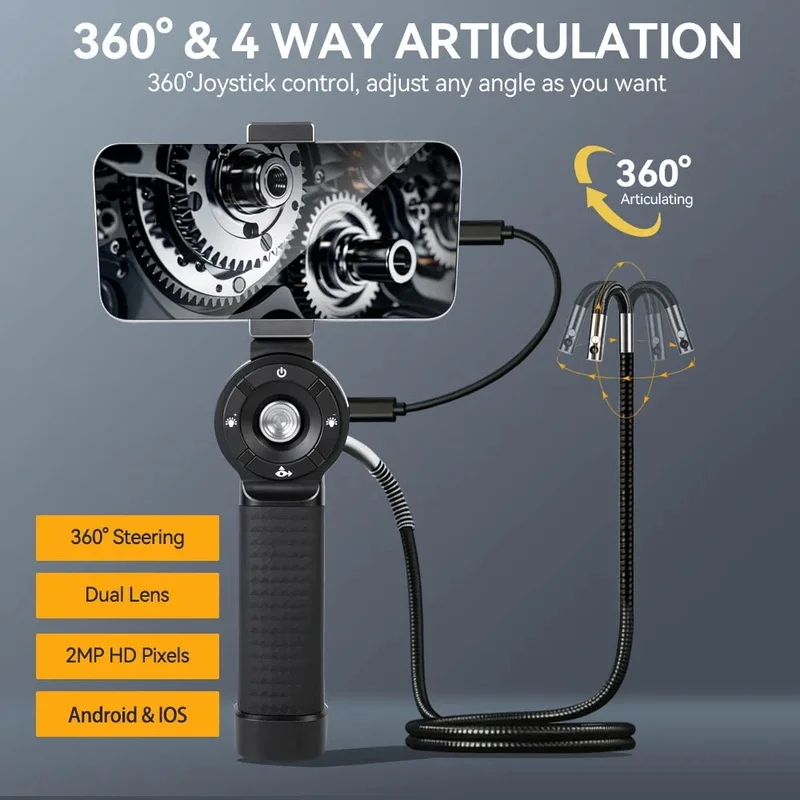 Dual Lens 360 Articulating Endoscope 4.5mm Snake Camera with Joystick for Car Pipe Inspection Phone Android iOS