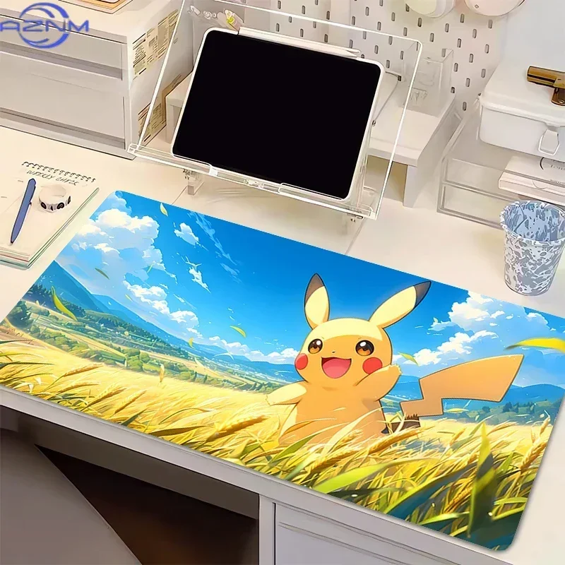 Pikachu Golden Wheat Field Sunny Cute Anime Large Mousepad, Rubber Non Slip Desk Mat for Gaming and Office Desktop Decoration
