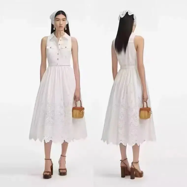

Top Quality 2025 Cotton New White Sleeveless Embroidery Women Party Midi Dress