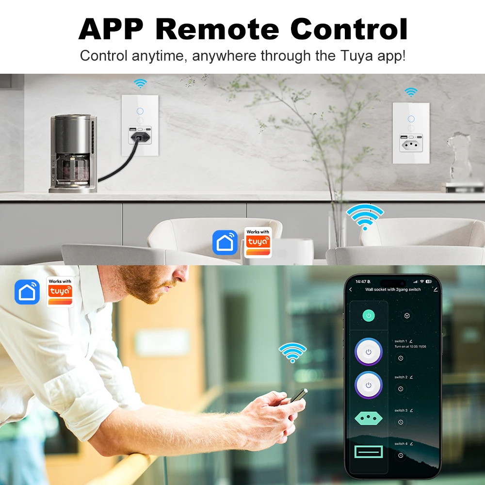 MANHOT WiFi Smart Brazil Wall Socket 1-2 Touch Switch 16A socket USB Type-C Port Timing Schedule Smart Life Alexa Google Home