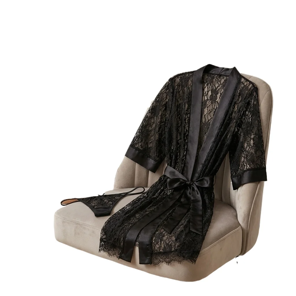 Women Black Sheer Floral Lace Robe Set with Satin Trim Self-Tie Belt and G-string Sexy Sleepwear Lingerie Nightwear for Wedding