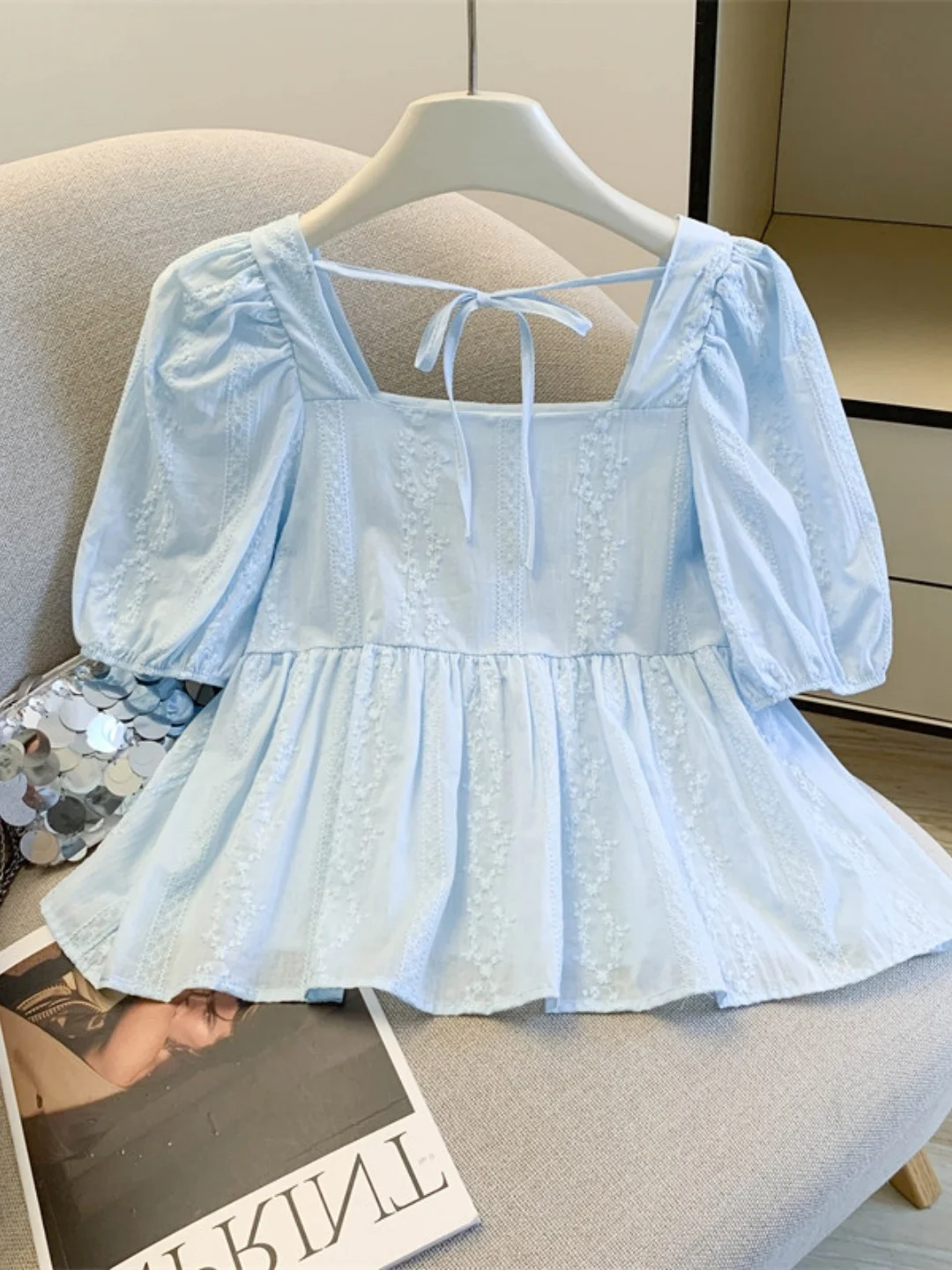 

Summer New Style Women's Shirt Square Collar Doll Top Belted Short Sleeve Slimming Waist Cover up Cotton Bubble Sleeve Pure C...