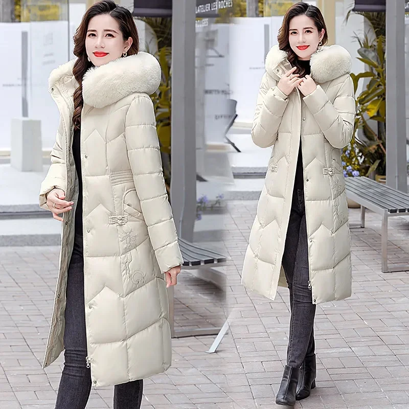 2024 Women\'s Winter Long Coat Warm Cotton Jacket Fur Neckline Hooded Parka Coats Fashion Ultra Thin Snow Jackets Outwear Female