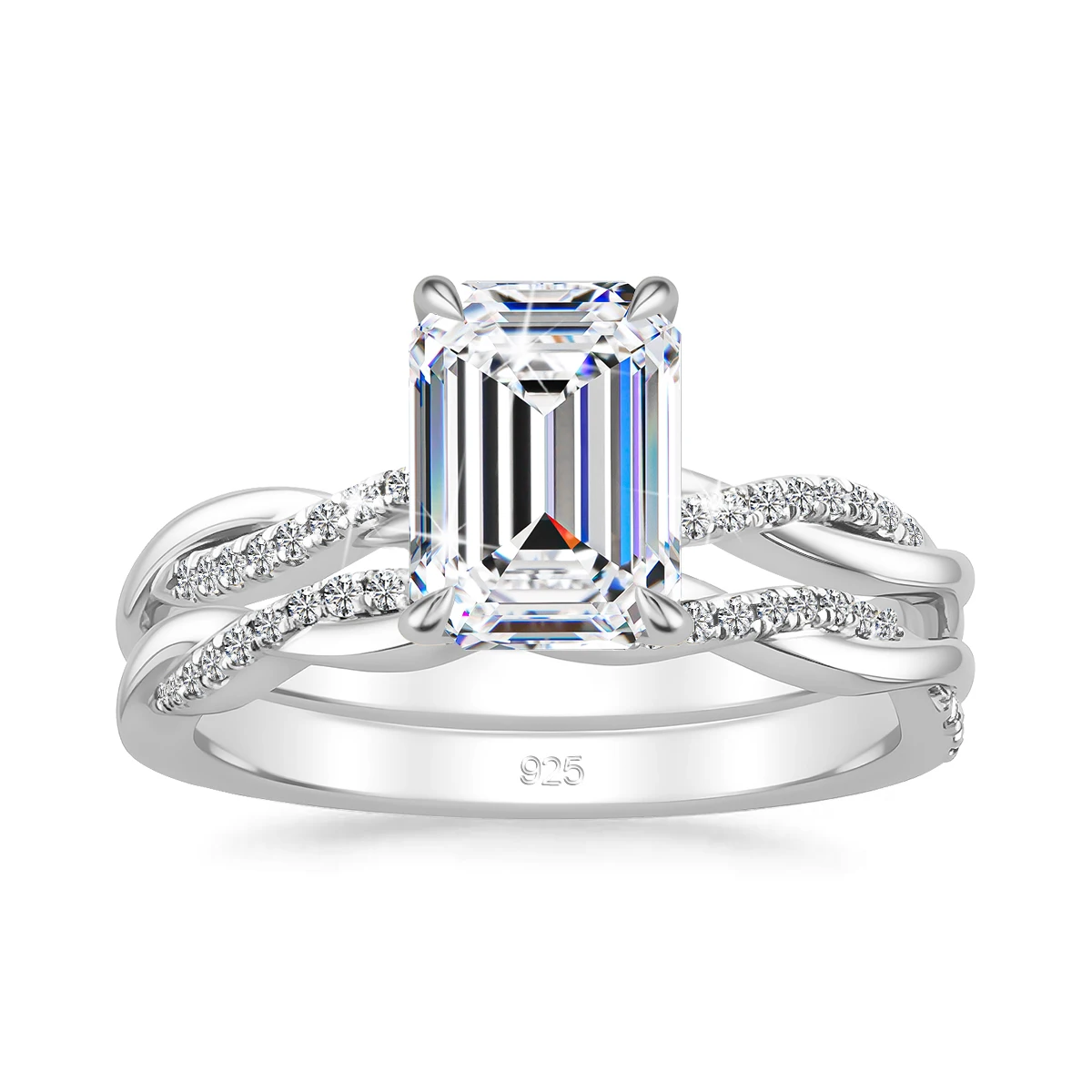 3ct Smaragdschliff D-Farbe Moissanit Halo Brautring-Set Ehering 925 Silberringe für Damen Feiner Schmuck – Detail 4